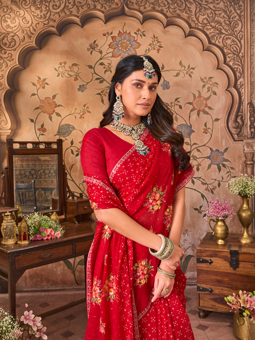 Laxmipati Monaco Embellished Floral Embroidered Chiffon Saree in Red Color