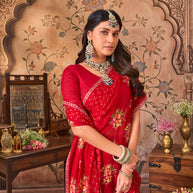 Laxmipati Monaco Embellished Floral Embroidered Chiffon Saree in Red Color