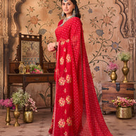 Laxmipati Monaco Embellished Floral Embroidered Chiffon Saree in Red Color