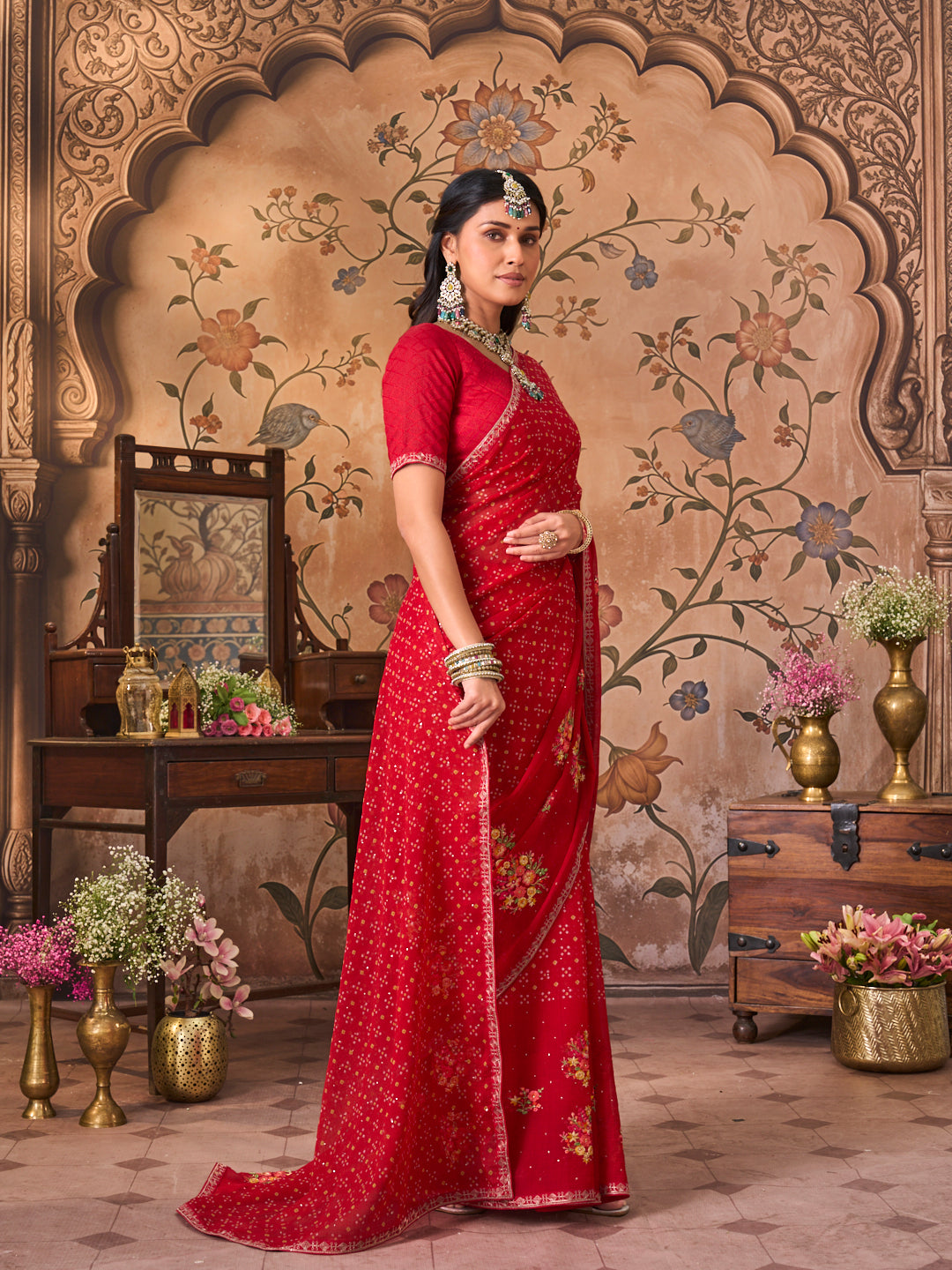 Laxmipati Monaco Embellished Floral Embroidered Chiffon Saree in Red Color