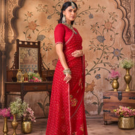 Laxmipati Monaco Embellished Floral Embroidered Chiffon Saree in Red Color