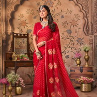 Laxmipati Monaco Embellished Floral Embroidered Chiffon Saree in Red Color