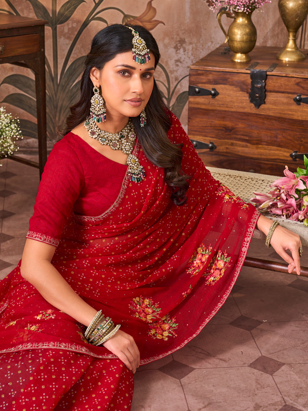 Laxmipati Monaco Embellished Floral Embroidered Chiffon Saree in Red Color