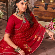 Laxmipati Monaco Embellished Floral Embroidered Chiffon Saree in Red Color
