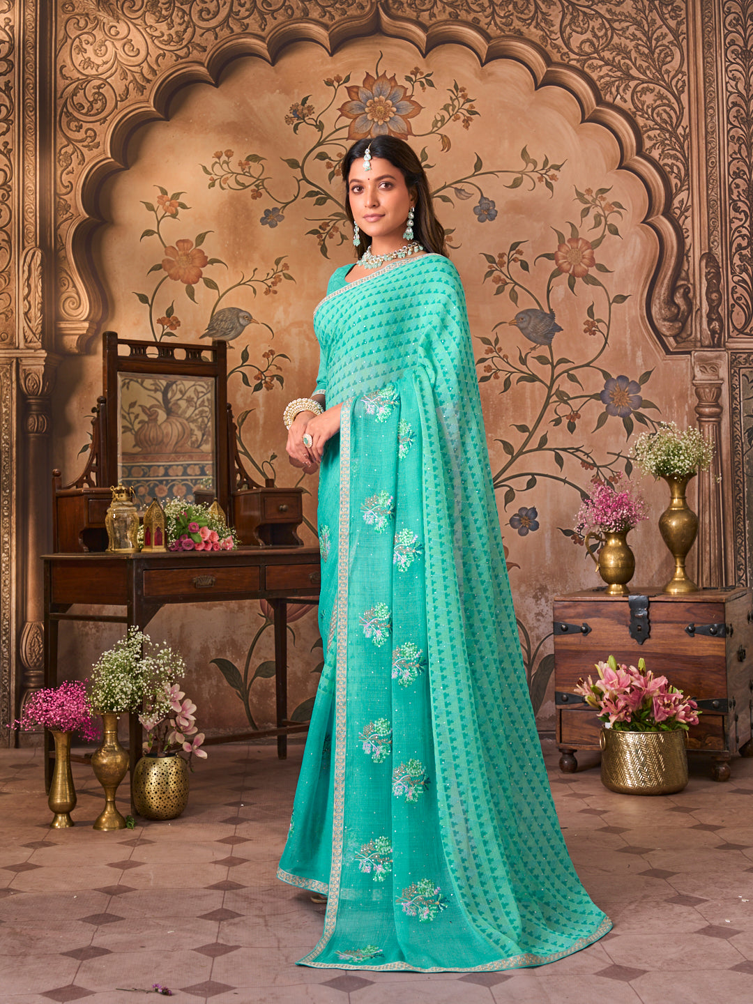 Laxmipati Monaco Embellished Floral Embroidered Chiffon Saree in Blue Color