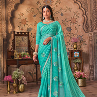 Laxmipati Monaco Embellished Floral Embroidered Chiffon Saree in Blue Color