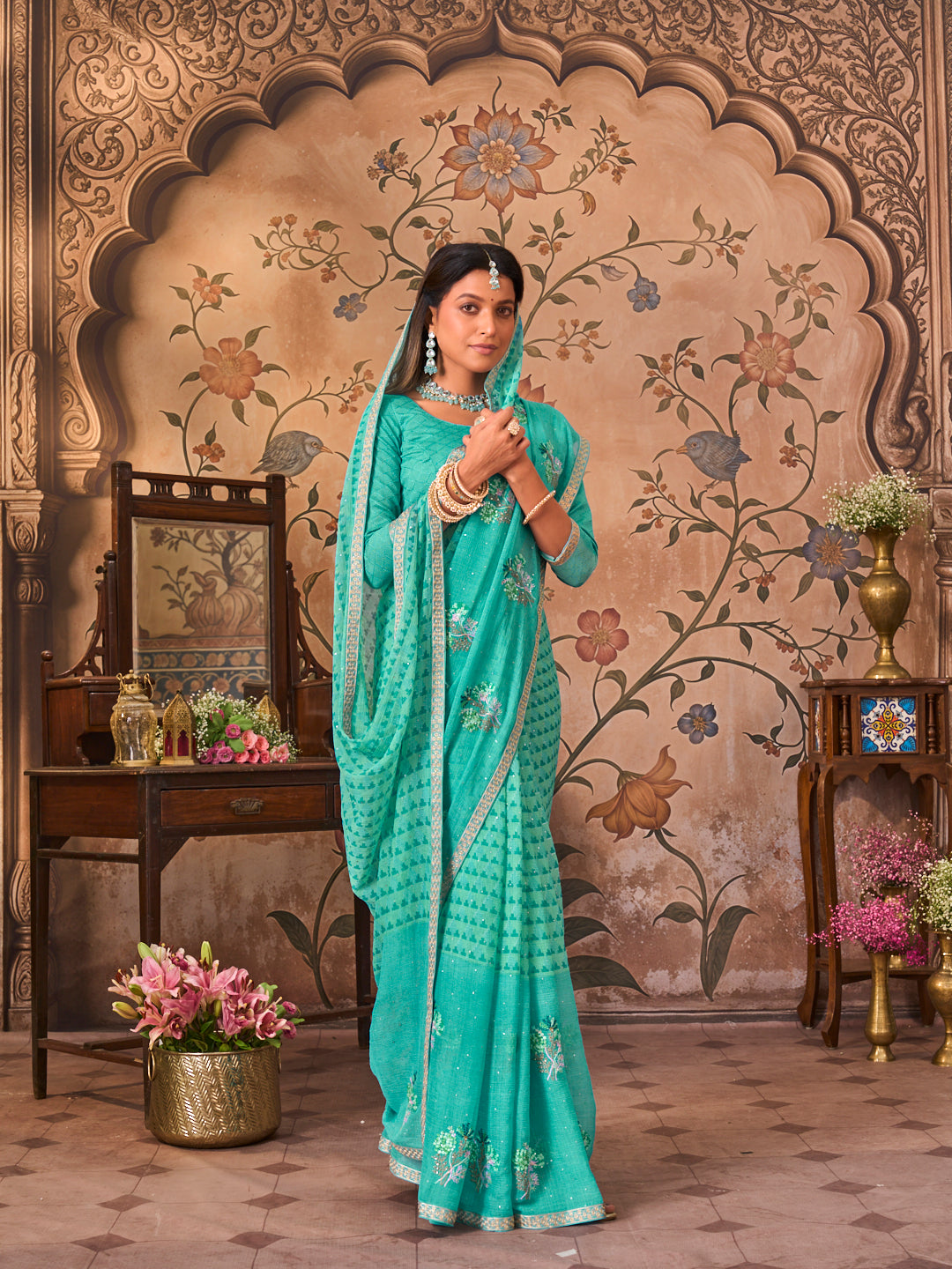 Laxmipati Monaco Embellished Floral Embroidered Chiffon Saree in Blue Color
