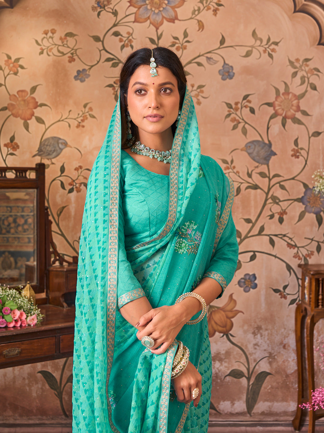 Laxmipati Monaco Embellished Floral Embroidered Chiffon Saree in Blue Color