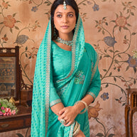 Laxmipati Monaco Embellished Floral Embroidered Chiffon Saree in Blue Color