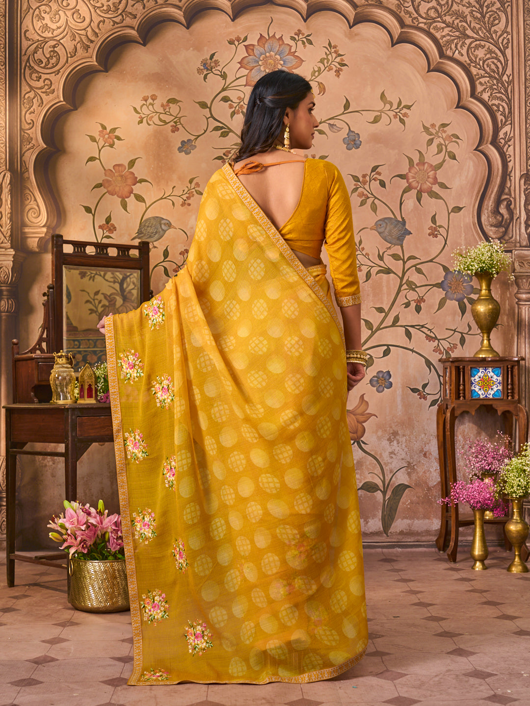 Laxmipati Monaco Embellished Floral Embroidered Chiffon Saree in Mustard Color