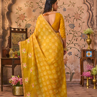 Laxmipati Monaco Embellished Floral Embroidered Chiffon Saree in Mustard Color
