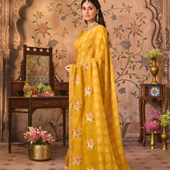 Laxmipati Monaco Embellished Floral Embroidered Chiffon Saree in Mustard Color