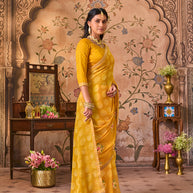 Laxmipati Monaco Embellished Floral Embroidered Chiffon Saree in Mustard Color