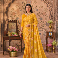 Laxmipati Monaco Embellished Floral Embroidered Chiffon Saree in Mustard Color