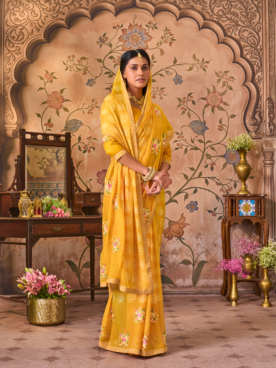 Laxmipati Monaco Embellished Floral Embroidered Chiffon Saree in Mustard Color
