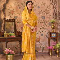 Laxmipati Monaco Embellished Floral Embroidered Chiffon Saree in Mustard Color