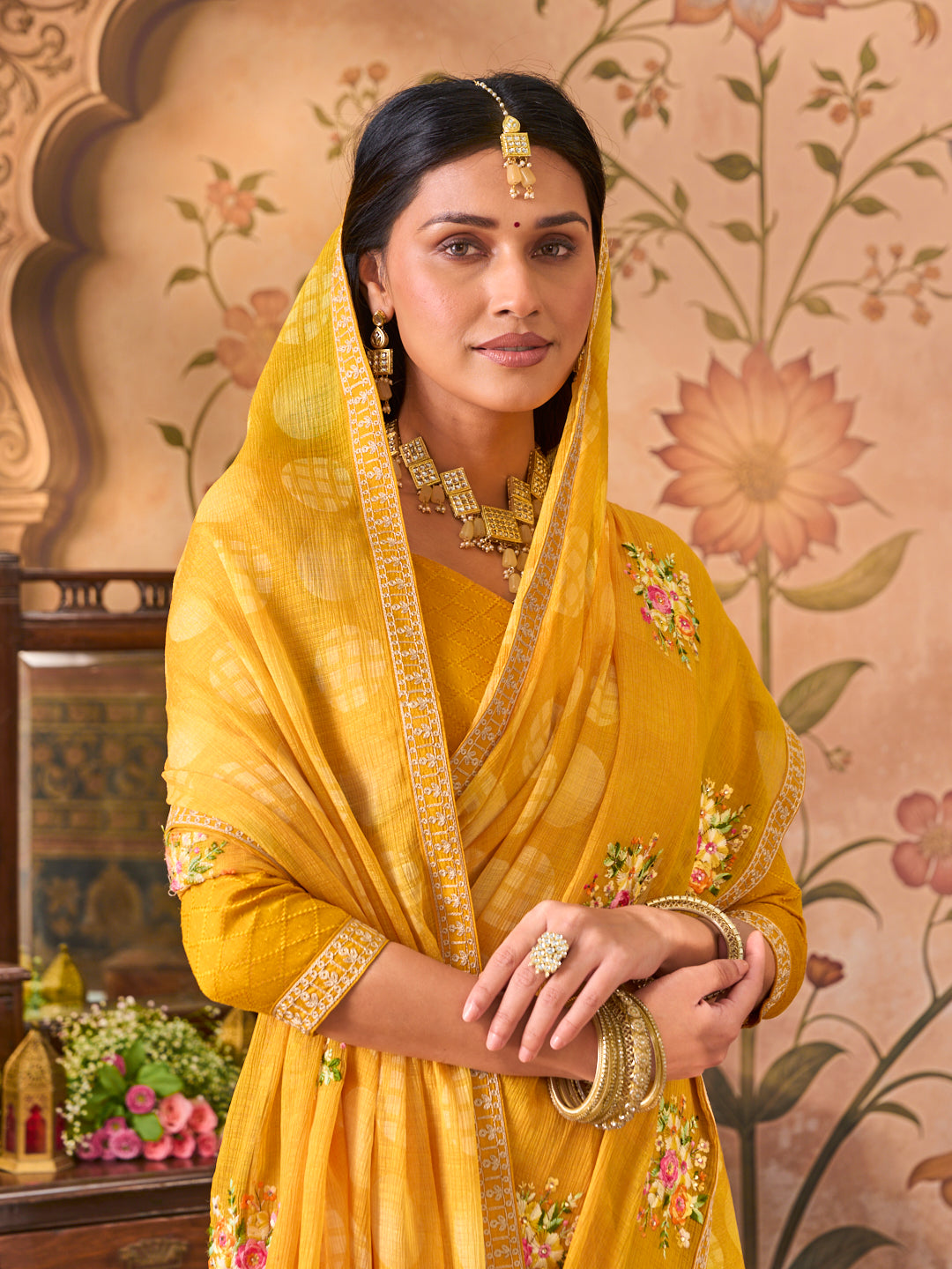 Laxmipati Monaco Embellished Floral Embroidered Chiffon Saree in Mustard Color