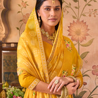 Laxmipati Monaco Embellished Floral Embroidered Chiffon Saree in Mustard Color
