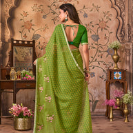 Laxmipati Monaco Embellished Floral Embroidered Chiffon Saree in Green Color
