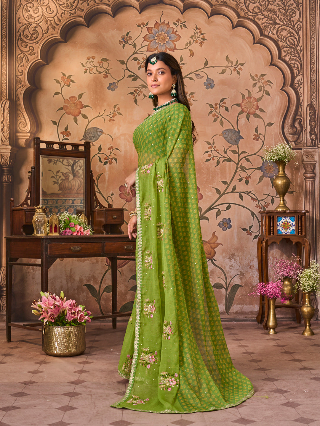 Laxmipati Monaco Embellished Floral Embroidered Chiffon Saree in Green Color