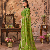 Laxmipati Monaco Embellished Floral Embroidered Chiffon Saree in Green Color