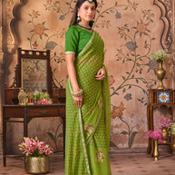 Laxmipati Monaco Embellished Floral Embroidered Chiffon Saree in Green Color