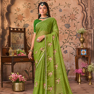Laxmipati Monaco Embellished Floral Embroidered Chiffon Saree in Green Color
