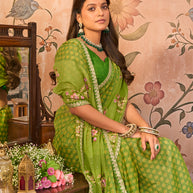 Laxmipati Monaco Embellished Floral Embroidered Chiffon Saree in Green Color