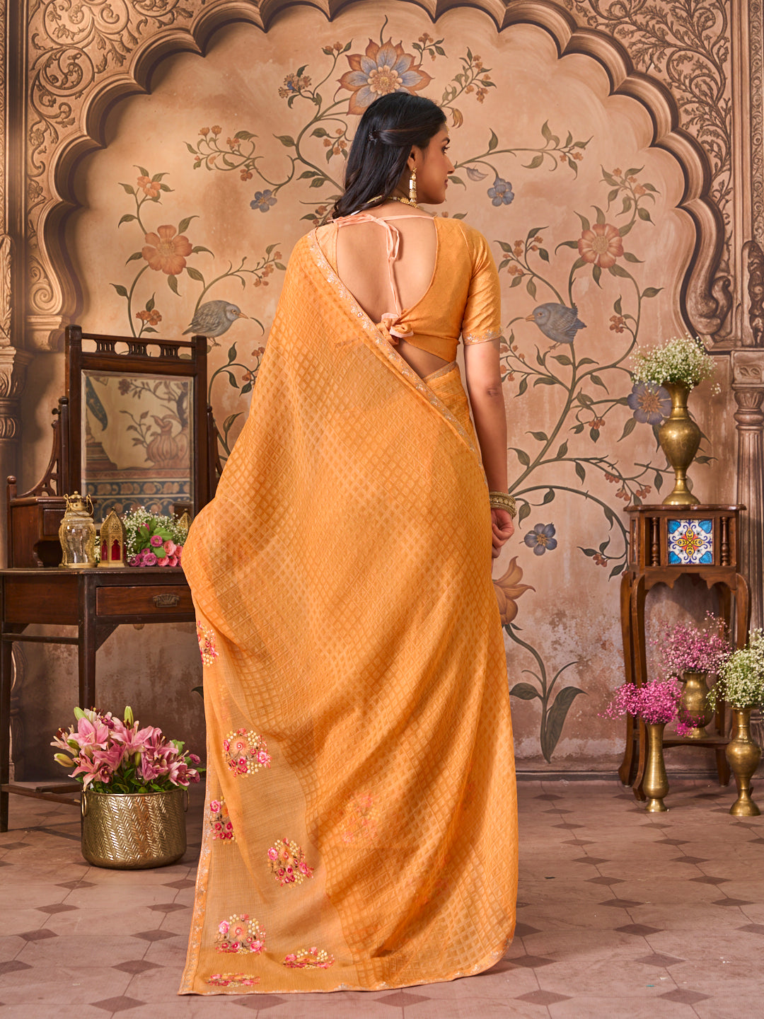 Laxmipati Monaco Embellished Floral Embroidered Chiffon Saree in Orange Color
