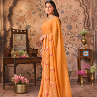 Laxmipati Monaco Embellished Floral Embroidered Chiffon Saree in Orange Color