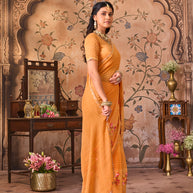 Laxmipati Monaco Embellished Floral Embroidered Chiffon Saree in Orange Color