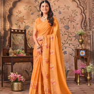 Laxmipati Monaco Embellished Floral Embroidered Chiffon Saree in Orange Color