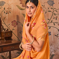 Laxmipati Monaco Embellished Floral Embroidered Chiffon Saree in Orange Color