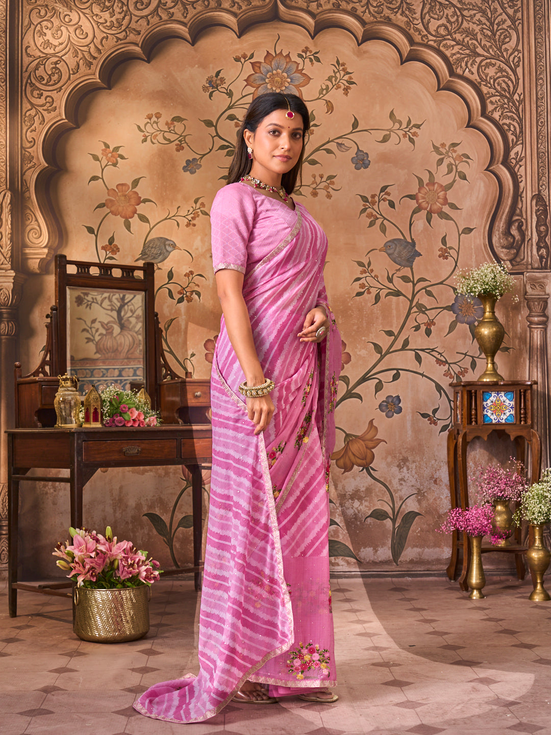 Laxmipati Monaco Embellished Floral Embroidered Chiffon Saree in Purple Color