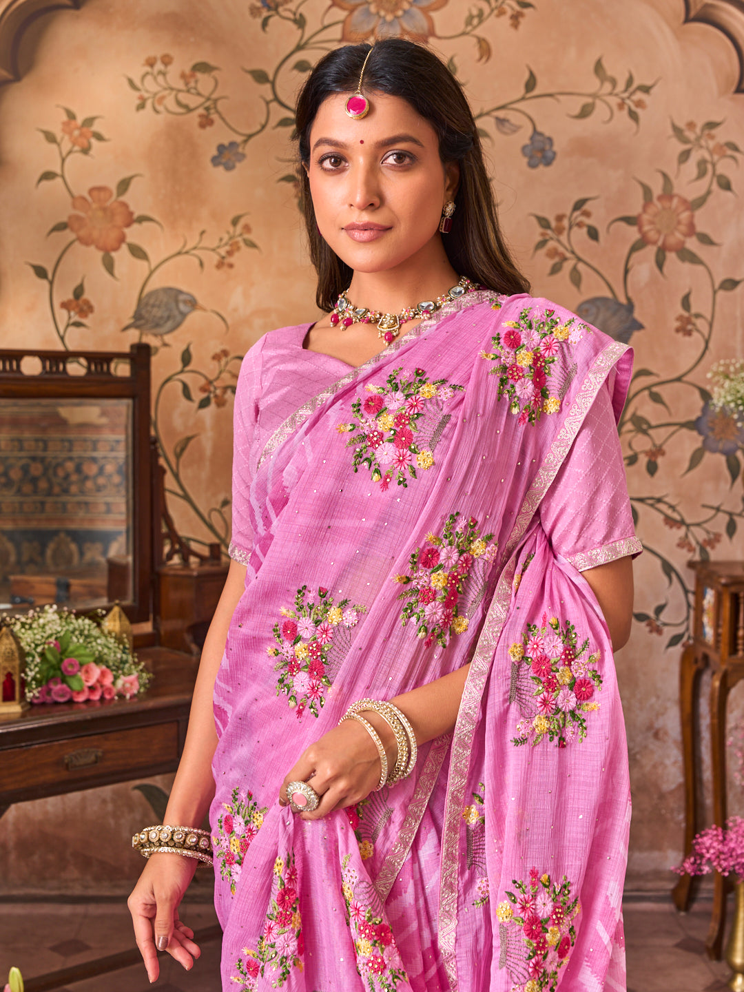 Laxmipati Monaco Embellished Floral Embroidered Chiffon Saree in Purple Color