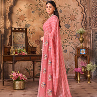 Laxmipati Monaco Embellished Floral Embroidered Chiffon Saree in Pink Color