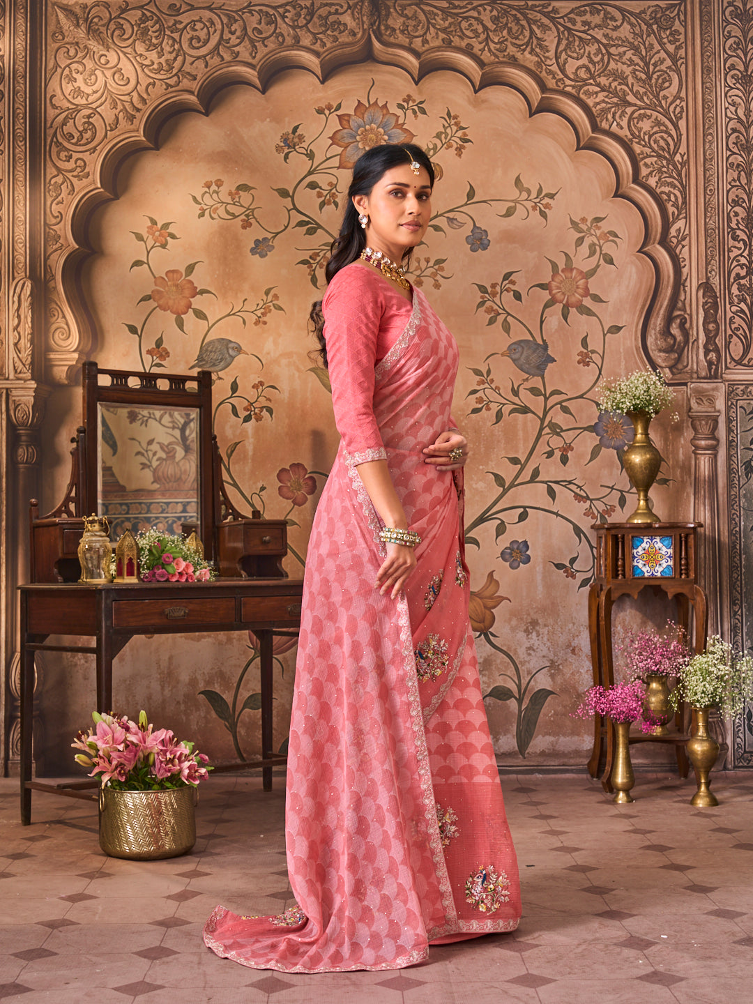 Laxmipati Monaco Embellished Floral Embroidered Chiffon Saree in Pink Color