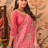 Laxmipati Monaco Embellished Floral Embroidered Chiffon Saree in Pink Color