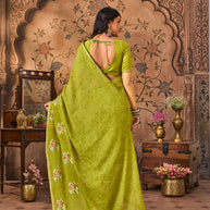 Laxmipati Monaco Embellished Floral Embroidered Chiffon Saree in Olive Green Color