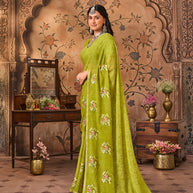 Laxmipati Monaco Embellished Floral Embroidered Chiffon Saree in Olive Green Color