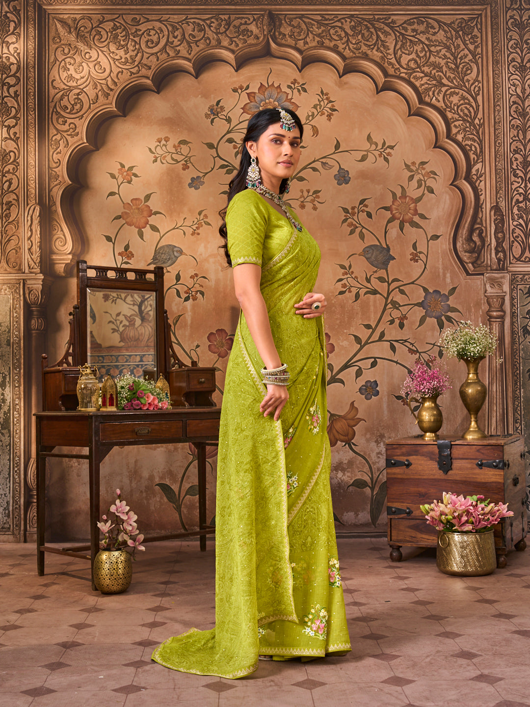 Laxmipati Monaco Embellished Floral Embroidered Chiffon Saree in Olive Green Color