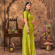 Laxmipati Monaco Embellished Floral Embroidered Chiffon Saree in Olive Green Color