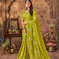 Laxmipati Monaco Embellished Floral Embroidered Chiffon Saree in Olive Green Color