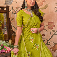 Laxmipati Monaco Embellished Floral Embroidered Chiffon Saree in Olive Green Color