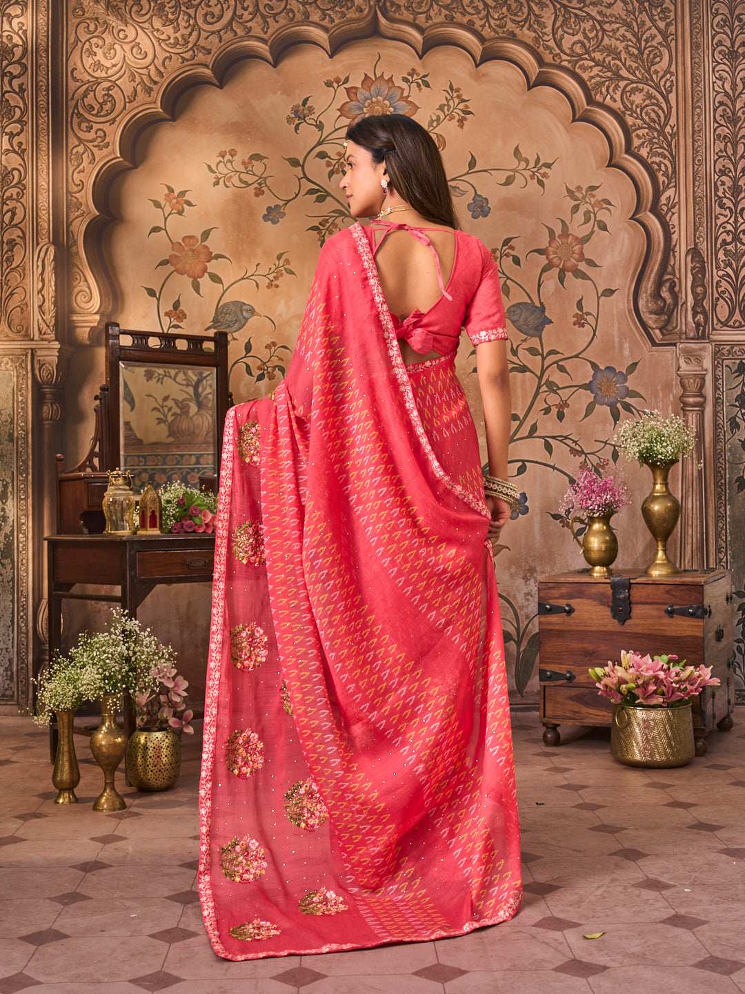 Laxmipati Monaco Embellished Floral Embroidered Chiffon Saree in Peach Color