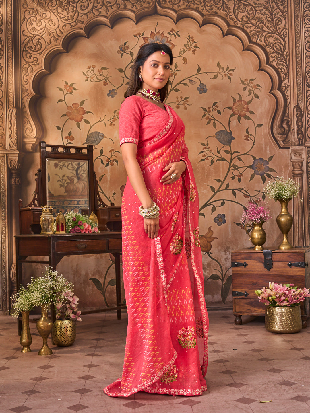 Laxmipati Monaco Embellished Floral Embroidered Chiffon Saree in Peach Color