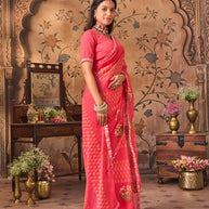 Laxmipati Monaco Embellished Floral Embroidered Chiffon Saree in Peach Color