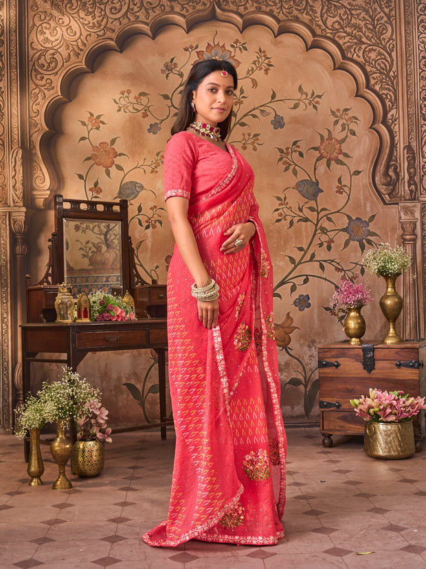 Laxmipati Monaco Embellished Floral Embroidered Chiffon Saree in Peach Color
