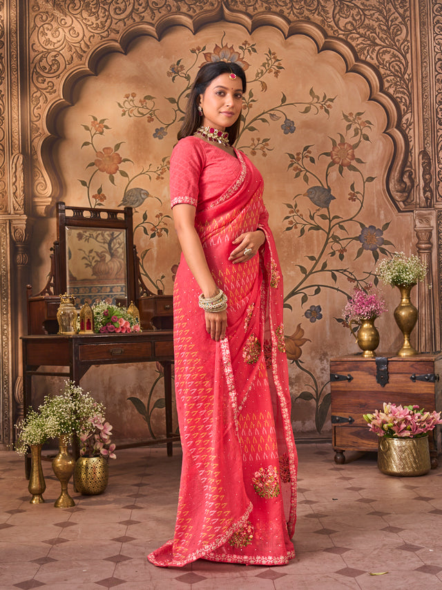 Laxmipati Monaco Embellished Floral Embroidered Chiffon Saree in Peach Color