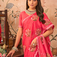 Laxmipati Monaco Embellished Floral Embroidered Chiffon Saree in Peach Color